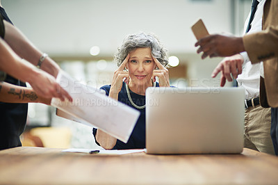 Buy stock photo Confused, chaos and business woman in office with documents, report and admin crisis on computer. Senior manager or CEO headache or thinking of solution for multitasking and staff time management