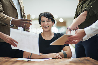 Buy stock photo Business woman, chaos and colleagues in portrait with documents for crisis in workplace or calm in stress. Female person, coworkers and smile for teamwork, mentorship and leadership in office