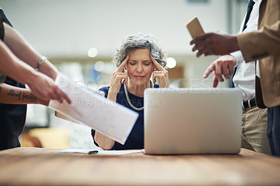 Buy stock photo Headache, chaos and business woman in office with documents, report or admin crisis on laptop. Senior manager, boss or CEO with stress, overwhelmed and tired for multitasking or staff time management