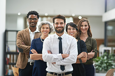 Buy stock photo Team, arms crossed and smile for mentor, group and company in office for colleagues in business. Businesspeople, happy and confident with coworkers in corporate, startup or organization for work