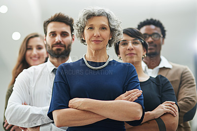 Buy stock photo Mature, woman and arms crossed for leader, work and company in office for colleagues in business. Team, confident and coworkers for collaboration in startup, organization and corporate for success
