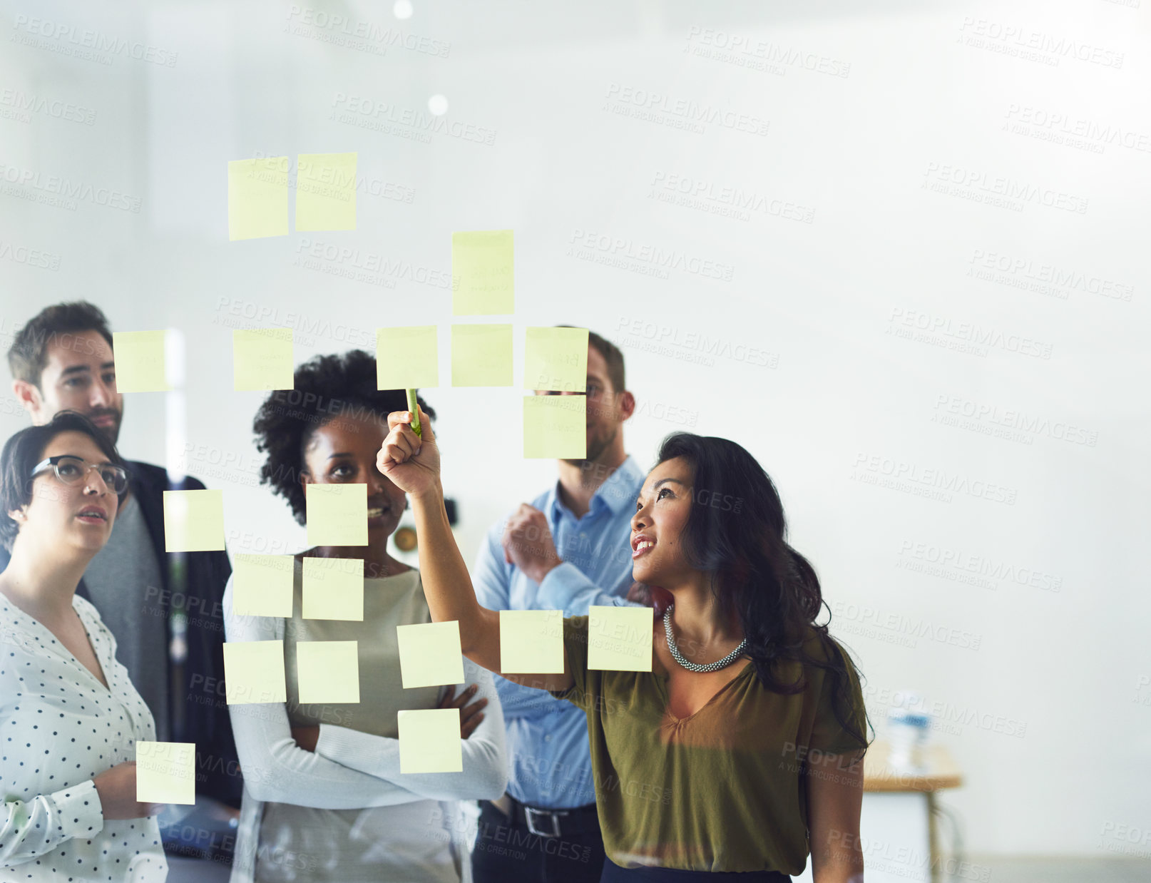 Buy stock photo Idea, brainstorming and business people in office for meeting, discussion and task schedule on glass wall. Creative, startup and workers with sticky notes for teamwork, research and group project