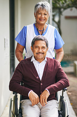 Buy stock photo Portrait of a senior man in a wheelchair being cared for by a nurse at a retirement home