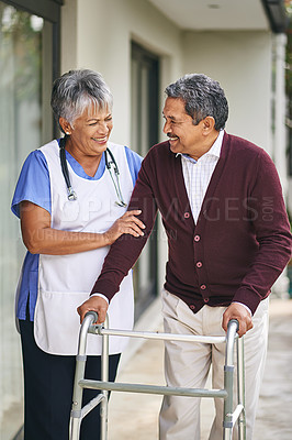 Buy stock photo Caregiver, nurse and senior man with walker in nursing home for help, healthcare and recovery. Retirement, medical professional and elderly patient for support, physical therapy or rehabilitation 