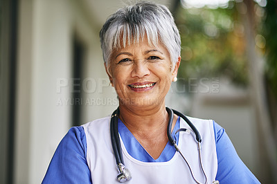 Buy stock photo Face, woman and senior nurse with pride outdoor for healthcare, hospice and sick. Medical care, stethoscope and Portrait of mature female worker at clinic for helping elderly, smile and confidence