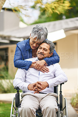 Buy stock photo Couple, happy woman and senior man with wheelchair in backyard for care, love or bonding. Retirement, female pensioner and elderly male person with disability for support, embrace or morning walk