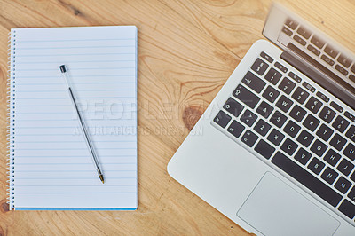Buy stock photo Laptop, notebook and above on work station for student or professional for research, study or business. Technology, notes and pen on desk for working person, school and learning on table in office