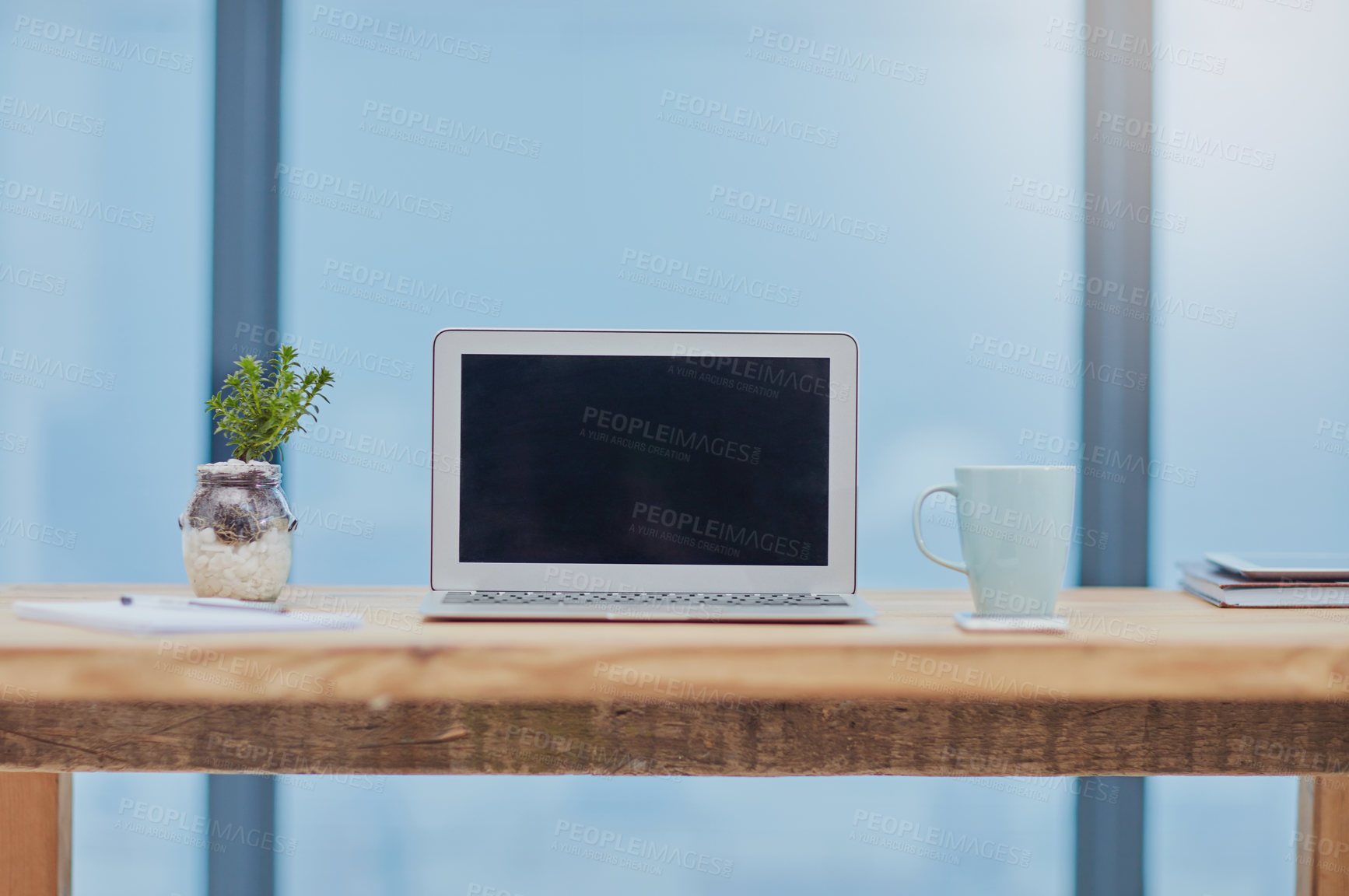 Buy stock photo Empty workspace, modern office and laptop screen at a desk for mockup, connectivity and email. Corporate, pc and technology work for connection, networking and online space at a professional agency