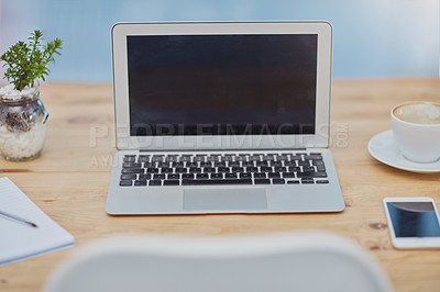 Buy stock photo Laptop, desk and workspace in office room with mockup space, phone or coffee for productivity. Interior, technology or notebook with plants at empty workplace for business, online career or marketing
