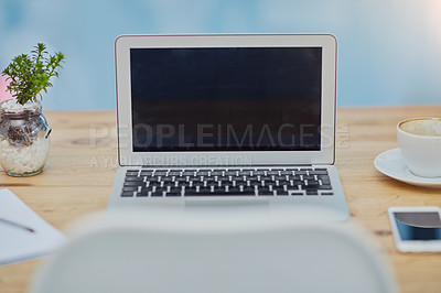 Buy stock photo Workspace, coffee and laptop screen with mockup in office for connectivity, networking or planning. Blank, technology and computer display with cappuccino for copy space, branding or minimalist