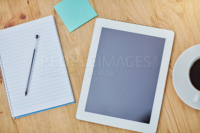 Buy stock photo High angle, desk and tablet or paper in closeup with coffee, workspace with technology for background. Notebook, epad and above on table with drink in zoom, internet or app for marketing business