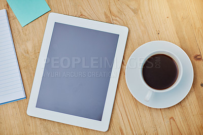 Buy stock photo High angle, table and tablet or coffee in closeup with paper, workspace with technology for background. Notebook, epad and above on desk with drink in zoom, internet or app for marketing business