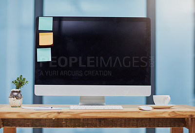 Buy stock photo Computer, desk or workspace in office room with mockup space, sticky notes or coffee for productivity. Interior, technology or notebook with plants at empty workplace for business or marketing screen