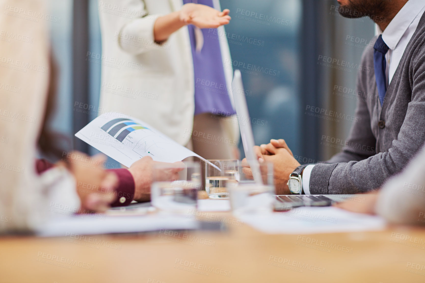 Buy stock photo Business meeting, hands and talk on sales strategy in boardroom, papers and graphs on consumer feedback. Colleagues, teamwork and support in plan or idea, statistics and unity on solution for project