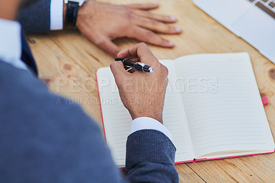Buy stock photo Man, notebook and laptop on workspace for student or professional for research, study or business. Technology, notes and pen on desk for working person, school and learning on table in office