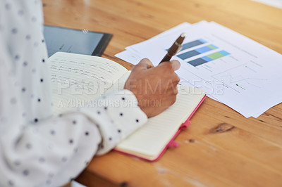 Buy stock photo Woman, hands and book for planning at desk, statistics and graphs on consumer feedback. Female person, journal and notes on idea for investment in company, report and tasks on solution for project