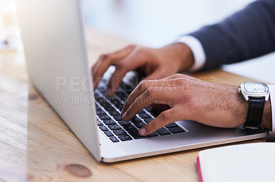 Buy stock photo Hands, laptop keyboard and desk for typing email, online research and business communication. Fingers zoom, corporate job and tech on table for writing article, internet connectivity and web browsing