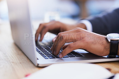 Buy stock photo Hands, laptop keyboard and desk for writing article, online research and business communication. Fingers zoom, corporate job and tech on table for typing email, internet connectivity and web browsing