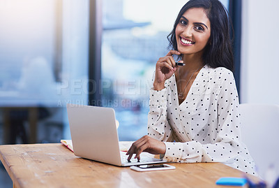 Buy stock photo Portrait, employee and Indian woman with a laptop, smile and development for company, business owner and growth. Face, female entrepreneur and consultant with connection, technology and professional