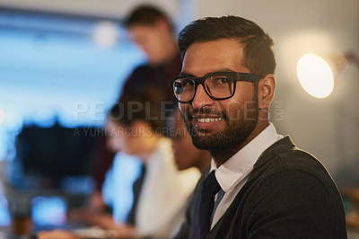 Buy stock photo Business man, portrait and computer at night in office, online and software or web design. Male person, coworking space and typing code for deadline, cybersecurity and app developer or programmer