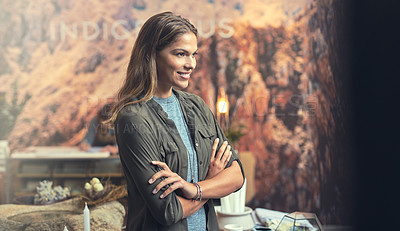 Buy stock photo Thinking, woman and smile with arms crossed at small business for solution, plan and reflection on ideas. Creative, industry and store owner with pride at shop for entrepreneurship, growth and vision