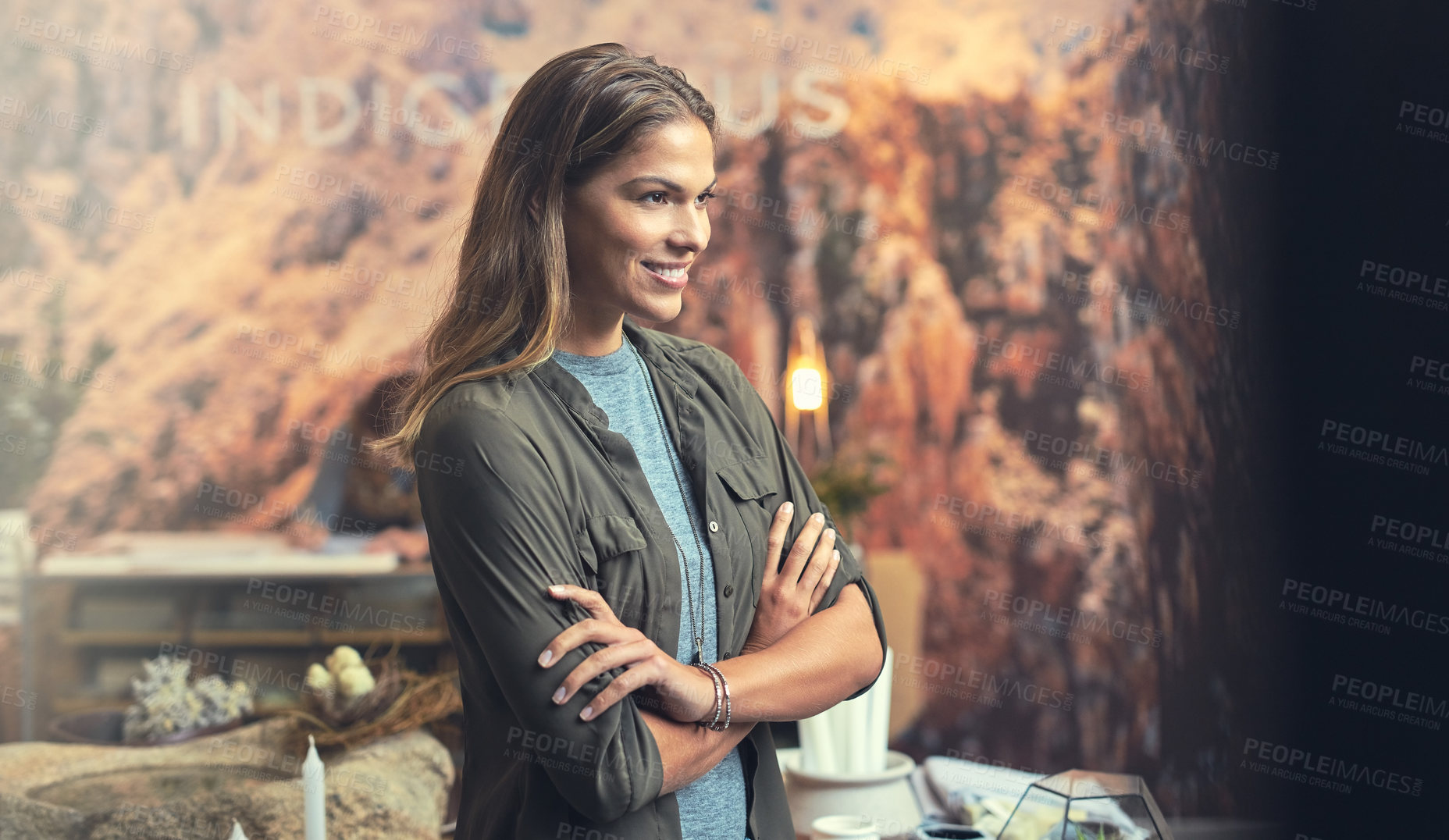 Buy stock photo Thinking, woman and smile with arms crossed at small business for solution, plan and reflection on ideas. Creative, industry and store owner with pride at shop for entrepreneurship, growth and vision