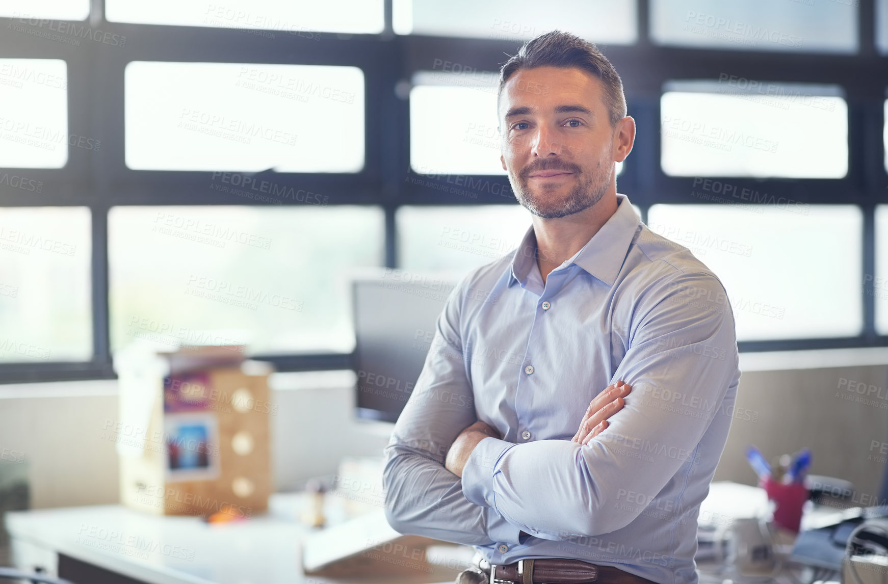 Buy stock photo Portrait, arms crossed and mature business man with company experience, pride and integrity in office. Face, confidence and expert manager, professional or tax consultant at enterprise in Netherlands