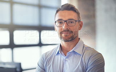 Buy stock photo Portrait, glasses and mature business man with company experience, pride and integrity in office. Face, confidence and expert manager, entrepreneur and insurance advisor at enterprise in Switzerland