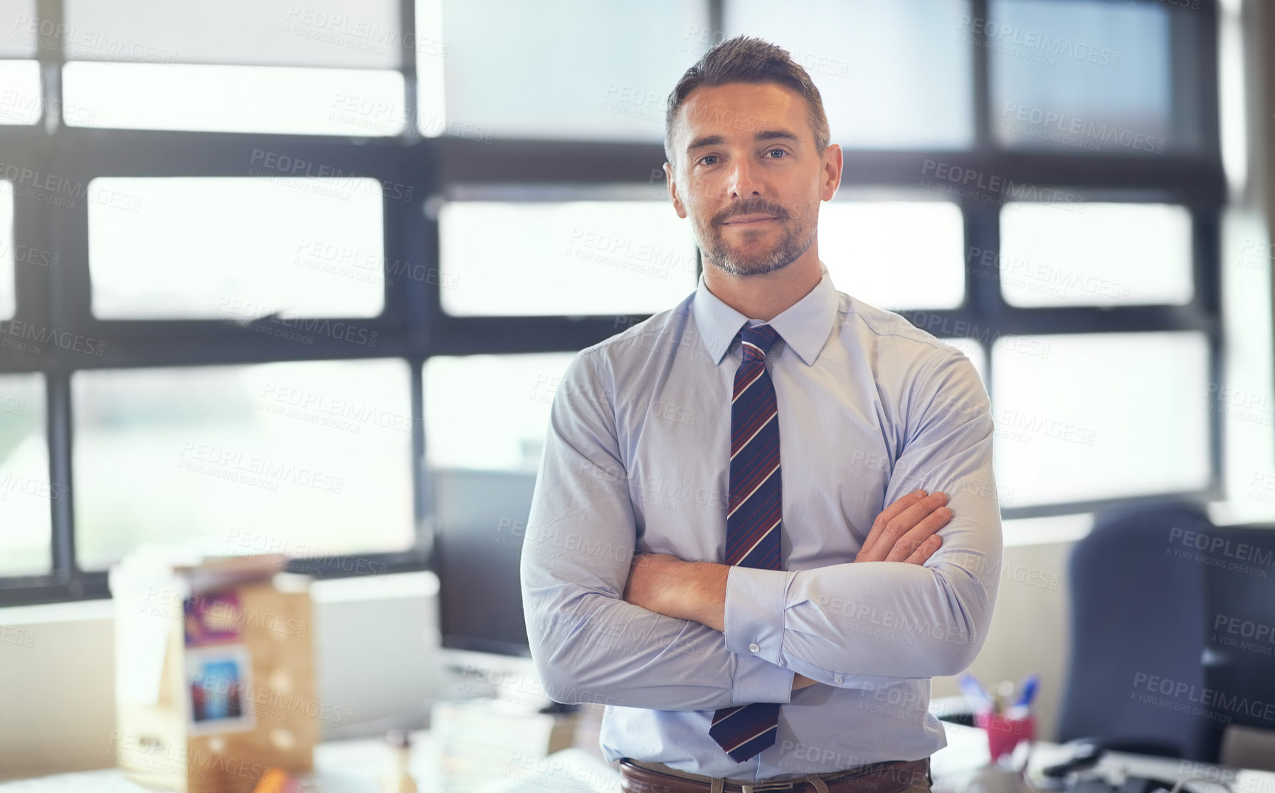 Buy stock photo Portrait, arms crossed and business man in office with company experience, pride and integrity for job. Face, confidence and expert manager, professional and administration at enterprise in Finland