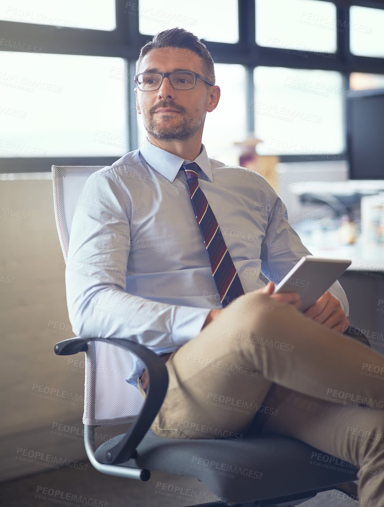 Buy stock photo Business, tablet and thinking with mature man in office chair for future, planning or research. Growth, idea and technology with confident corporate employee in professional workplace for development