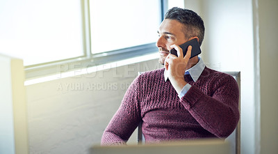 Buy stock photo Mature, phone call and businessman by window thinking of  conversation or deal in corporate office. Relax, confident or entrepreneur with ideas on mobile communication for development or discussion