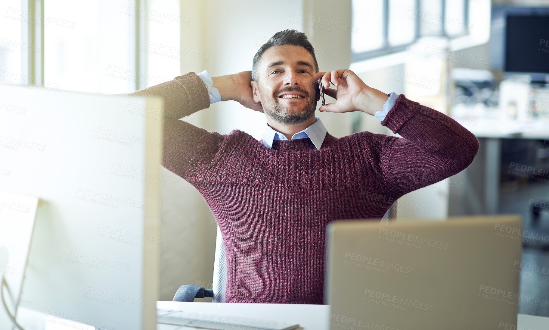 Buy stock photo Relax, phone call or happy manager on chair thinking of  conversation or deal in corporate office. Smile, confident or mature businessman on mobile communication for development ideas or discussion