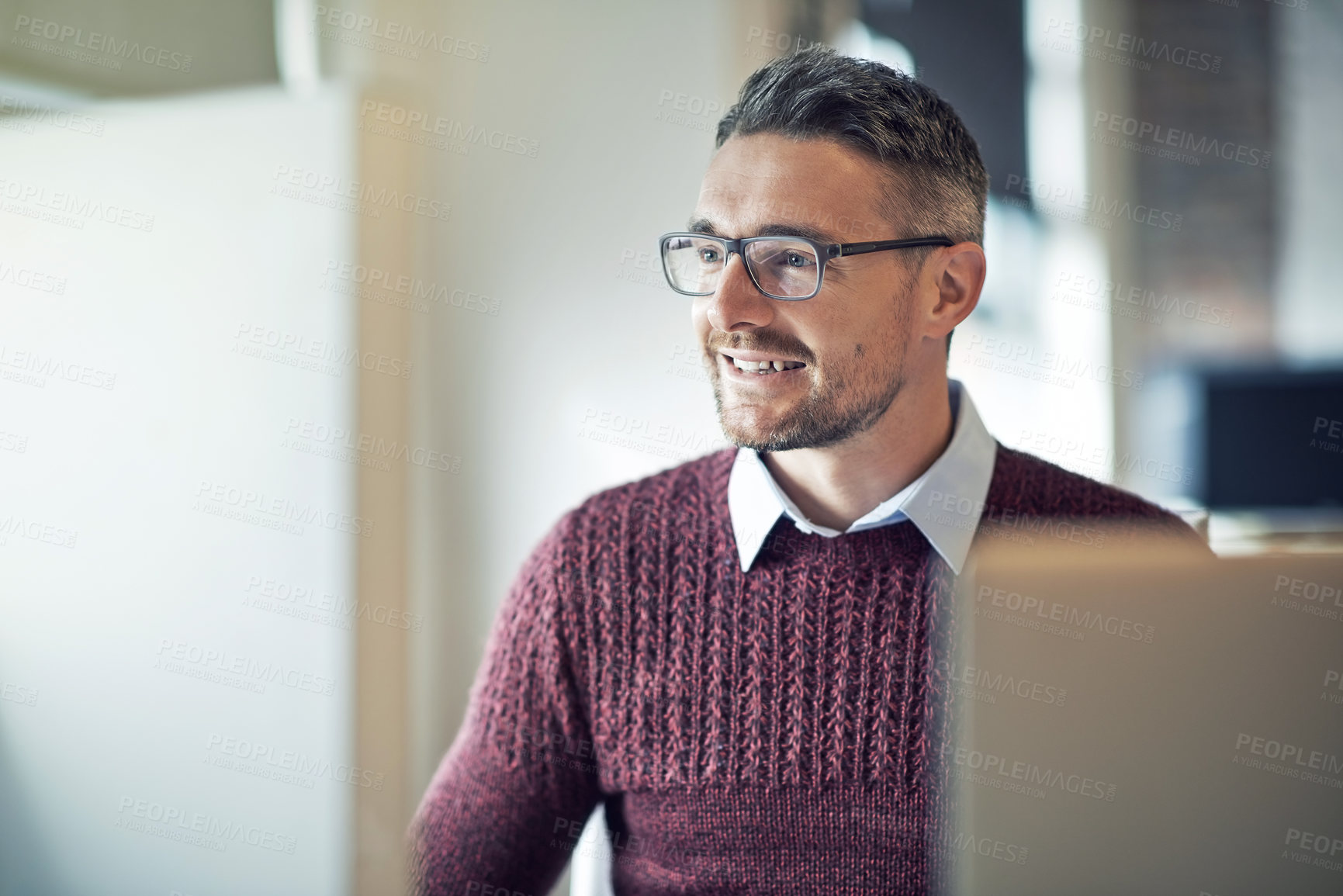 Buy stock photo Thinking, typing and man with tablet, smile and ideas for legal report, investigation and disputes. Web, planning and person in office, tech and reading of information, research or contemplating