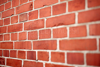 Buy stock photo Red stone, brick wall and building with texture of exterior pattern, architecture and concrete design of home. Closeup, construction and mortar material for maintenance, cement style and clay surface