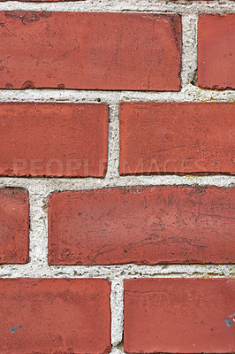 Buy stock photo Brick wall, red stone and building with texture of exterior pattern, architecture and concrete design of home. Closeup, construction and mortar material for maintenance, cement style and clay surface