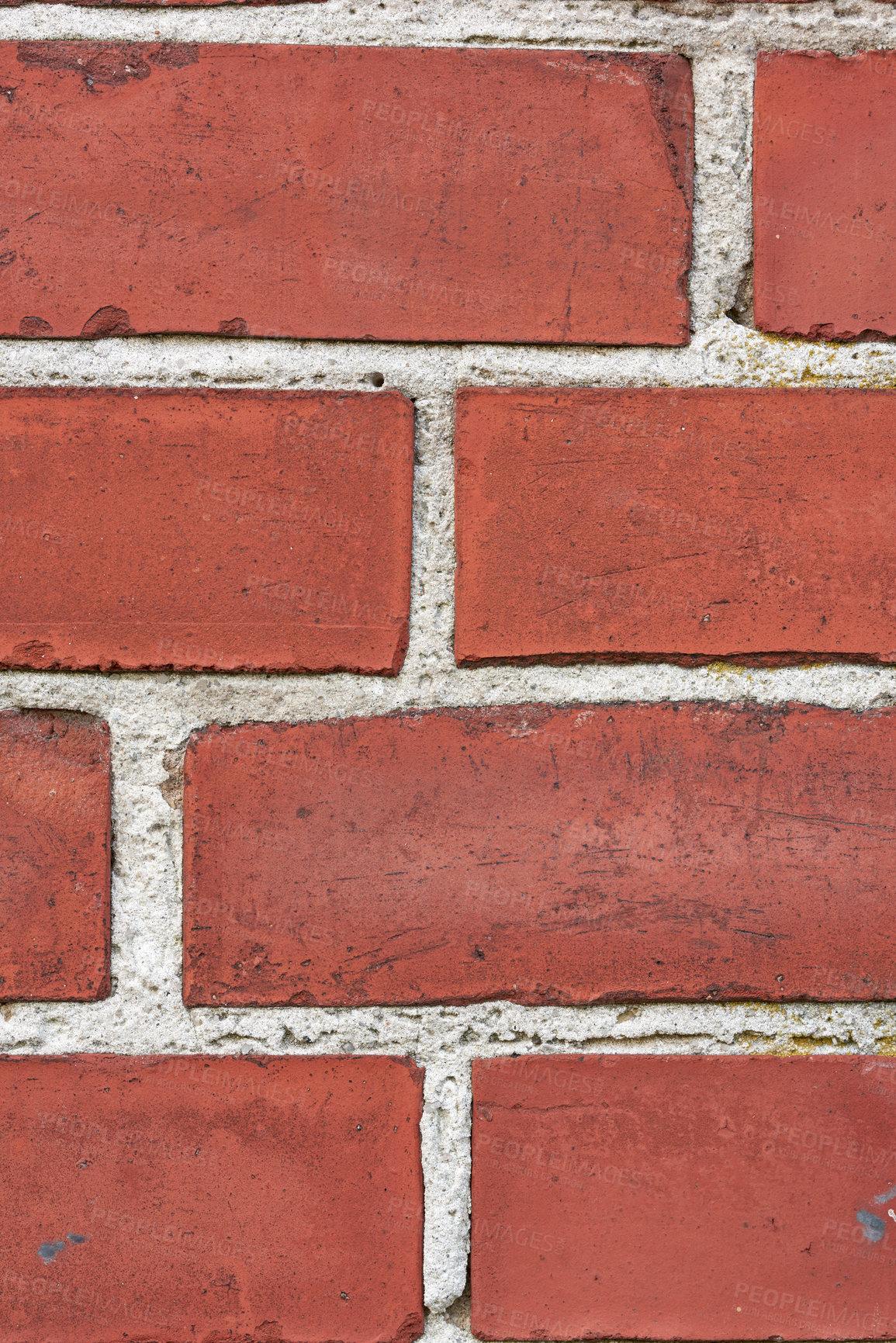 Buy stock photo Brick wall, red stone and building with texture of exterior pattern, architecture and concrete design of home. Closeup, construction and mortar material for maintenance, cement style and clay surface