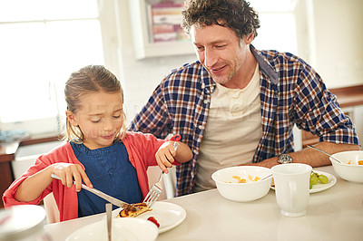 Buy stock photo Father, girl and breakfast in house kitchen for teaching, pancakes and nutrition with plate, knife and fork. Dad, kid and brunch in home at morning for learning, coffee and health with fruit by table