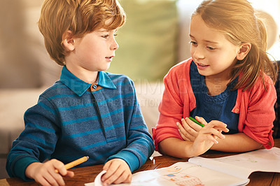 Buy stock photo Young boy, girl and talking with colour pencil and book for drawing, indoor activities and learning development on holiday. Children or sibling and conversation with stationery for fun and bonding 