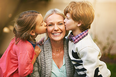 Buy stock photo Mother, children and kiss with smile in portrait for mothers day with family for love. Mom, kids and happiness with single parent with child development in backyard with hug, together and siblings