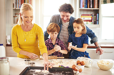 Buy stock photo Family, baking or dough in home or kitchen for breakfast, cookies or brownies or muffins. Man, woman or children in house or cooking for brunch, bonding or learning and development with kids or eggs