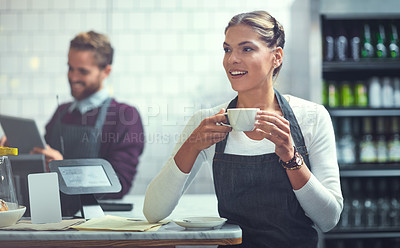 Buy stock photo Coffee, happy and woman waitress with confidence in cafe at checkout register in morning for opening. Smile, industry and female barista or server drinking caffeine, cappuccino or latte at restaurant