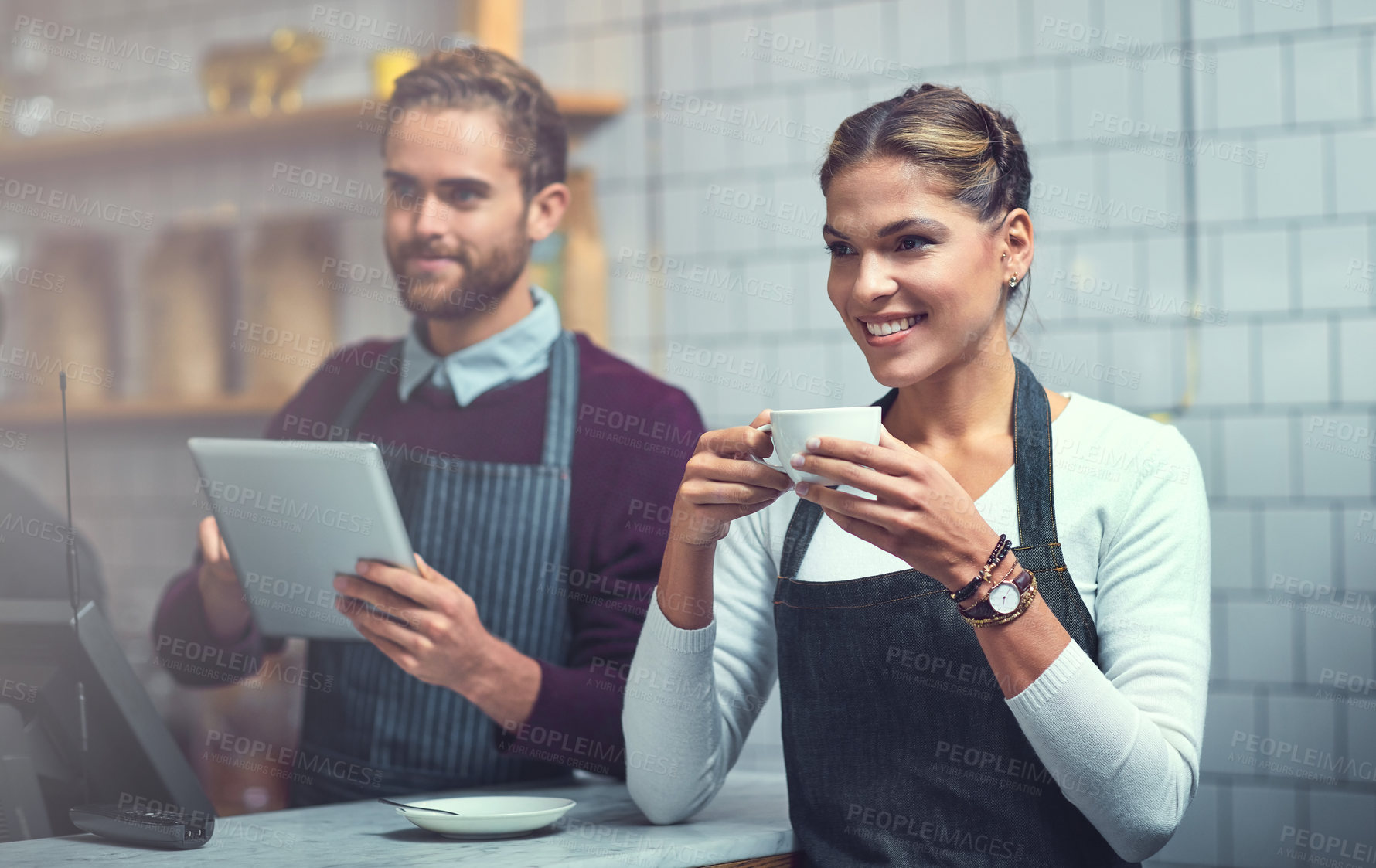 Buy stock photo Coffee, happy and woman barista in cafe with confidence at checkout register in morning for opening. Smile, industry and female waitress or server drinking caffeine, cappuccino or latte at restaurant