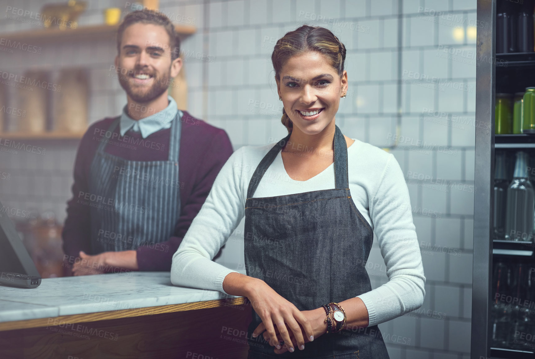 Buy stock photo Waitress, team and portrait by counter in cafe for customer service, welcome and hospitality. Small business manager, barista cashier and people in coffee shop for assistance, helping and reception