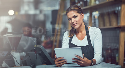 Buy stock photo Tablet, woman and portrait of server in coffee shop for online menu update or stock control. Serving industry, cafe and female waitress with digital technology for inventory report in restaurant.