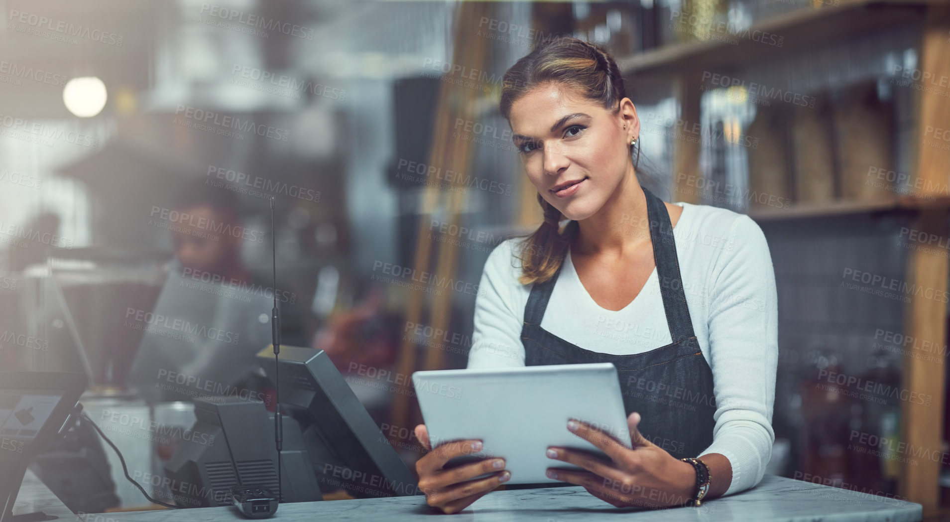 Buy stock photo Tablet, woman and portrait of server in coffee shop for online menu update or stock control. Serving industry, cafe and female waitress with digital technology for inventory report in restaurant.