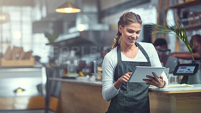 Buy stock photo Shot of a young woman using a digital tablet in the store that she works at