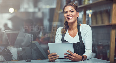 Buy stock photo Tablet, woman and portrait of waitress in coffee shop for online menu update or stock control. Serving industry, cafe and female barista with digital technology for inventory report in restaurant.