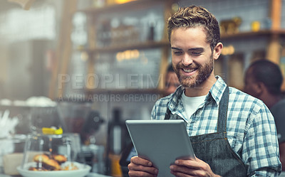 Buy stock photo Tablet, man and barista in coffee shop with confidence for online menu update or stock control. Serving industry, cafe and male waitress with digital technology for inventory report in restaurant.