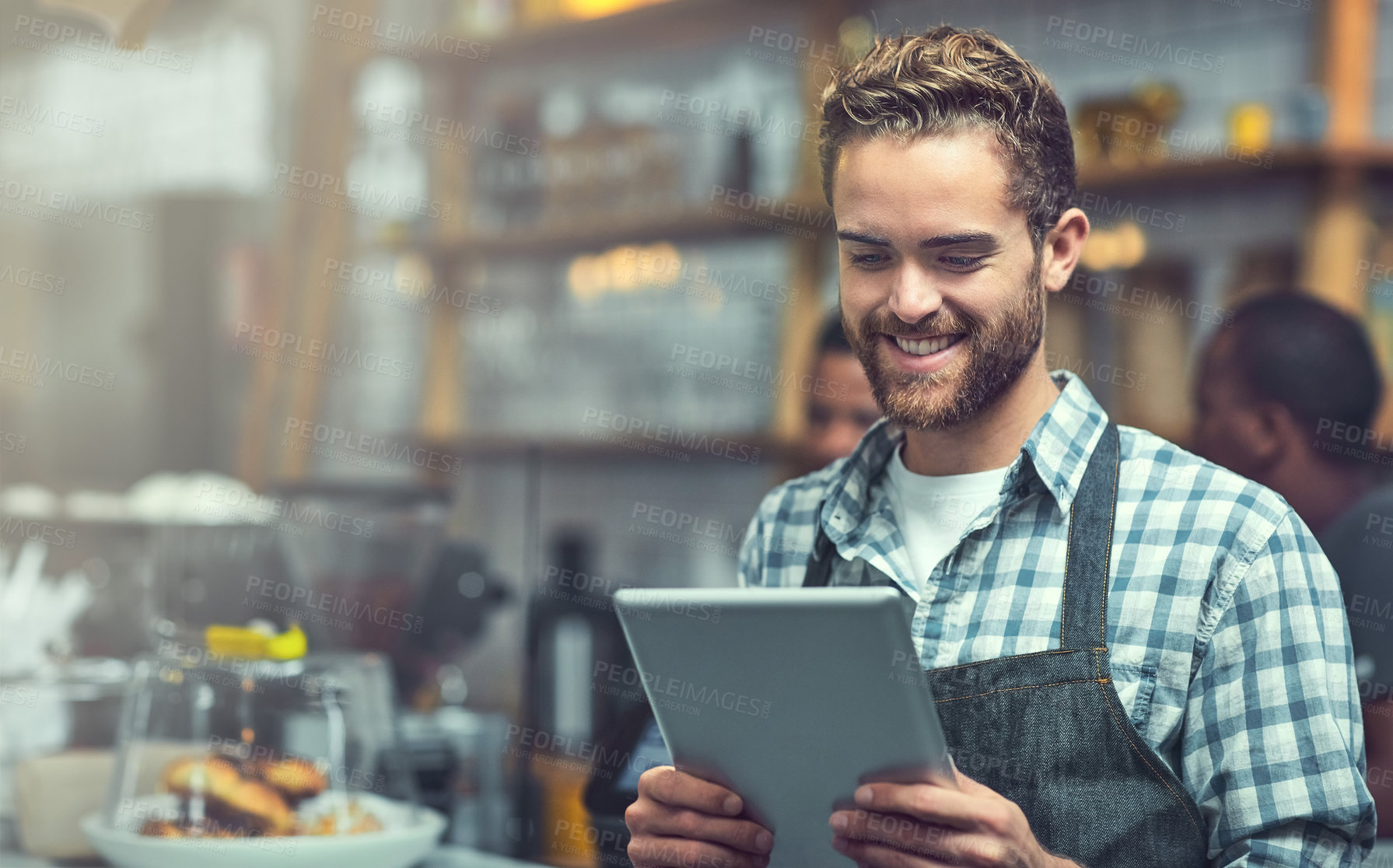 Buy stock photo Tablet, man and barista in coffee shop with confidence for online menu update or stock control. Serving industry, cafe and male waitress with digital technology for inventory report in restaurant.