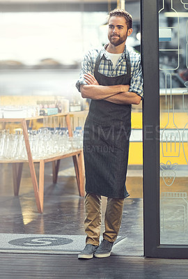 Buy stock photo Waiter, man and smile by door of cafe for customer service, welcome or hospitality with arms crossed. Small business manager, barista or thinking in coffee shop doorway for start of day or reflection